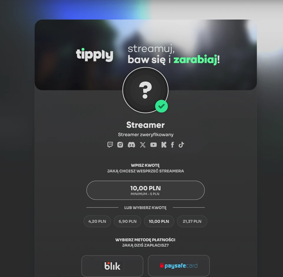 Panel wpłaty dla zweryfikowanego streamera z polem kwoty 10,00 PLN i metodami płatności BLIK oraz paysafecard