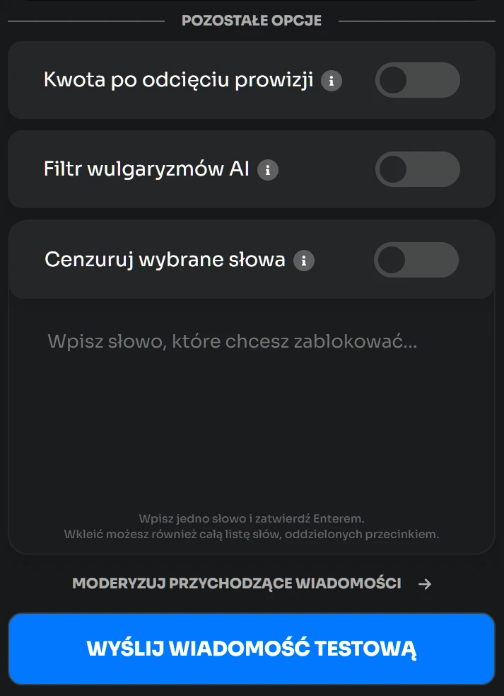 Ustawienia pozostałych opcji z przełącznikami filtra wulgaryzmów AI i cenzury wybranych słów oraz przyciskiem Wyślij