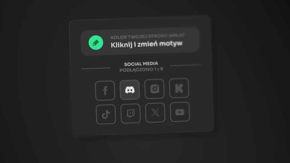 Ustawienia motywu i sekcja Social Media z ikonami platform w panelu Tipply, napis Kliknij i zmień motyw