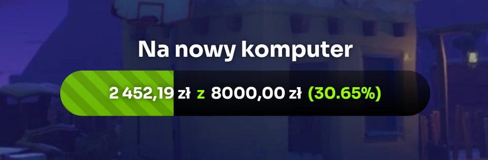 Pasek postępu zbiórki na nowy komputer z aktualną kwotą i procentem realizacji celu