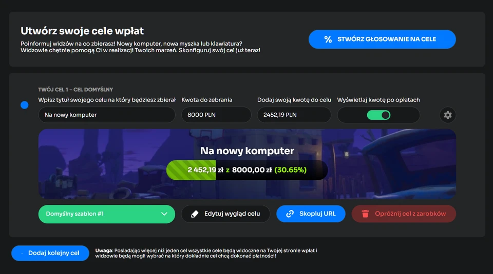 Panel konfiguracji celu wpłat z polami tytułu, kwoty oraz przyciskiem Dodaj kolejny cel