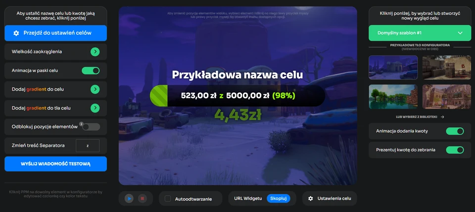 Panel konfiguracji celu wpłat w Tipply z podglądem paska postępu i ustawieniami wyglądu po lewej stronie