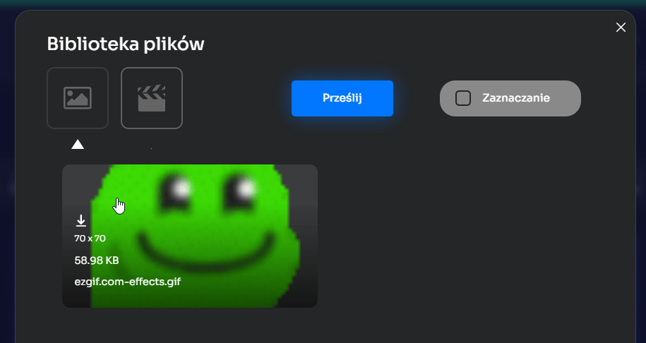 Okno Biblioteka plików z przyciskiem Prześlij i podglądem wgranego pliku GIF