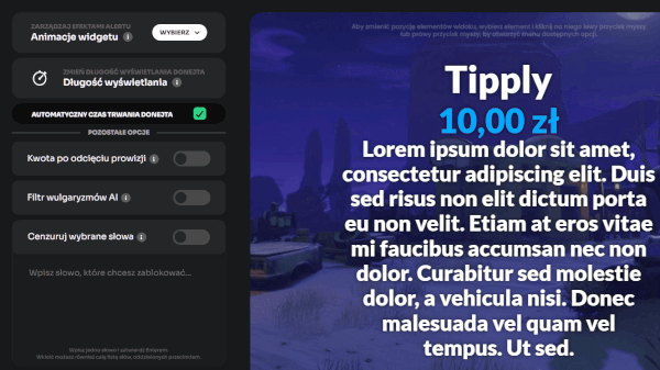 Ustawienia czasu wyświetlania i filtrów alertów w panelu Tipply oraz podgląd wyglądu donejta na ekranie
