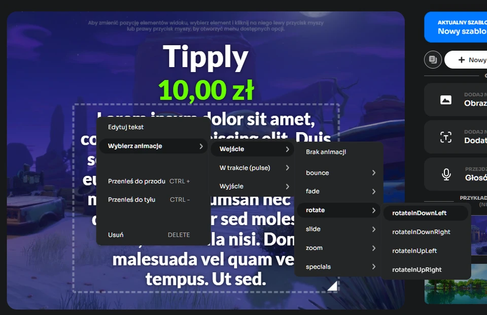 Menu wyboru animacji wejścia i wyjścia dla tekstu w edytorze szablonów Tipply