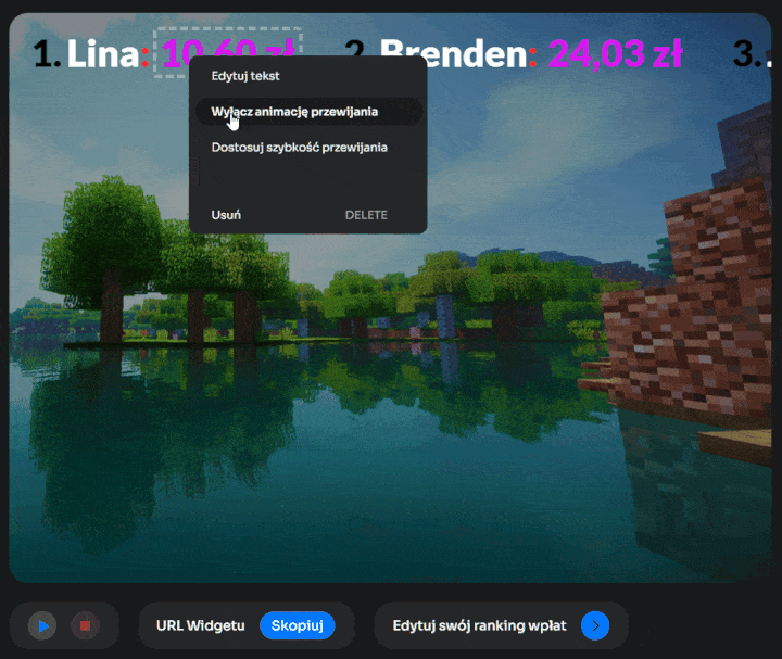 Menu ustawień rankingu wpłat z opcjami edycji tekstu i animacji przewijania na tle gry Minecraft