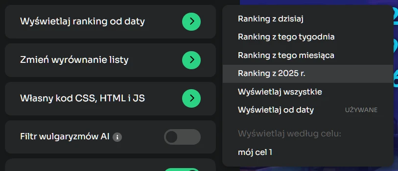 Menu wyboru zakresu dat dla rankingu w ustawieniach wyświetlania listy wpłat