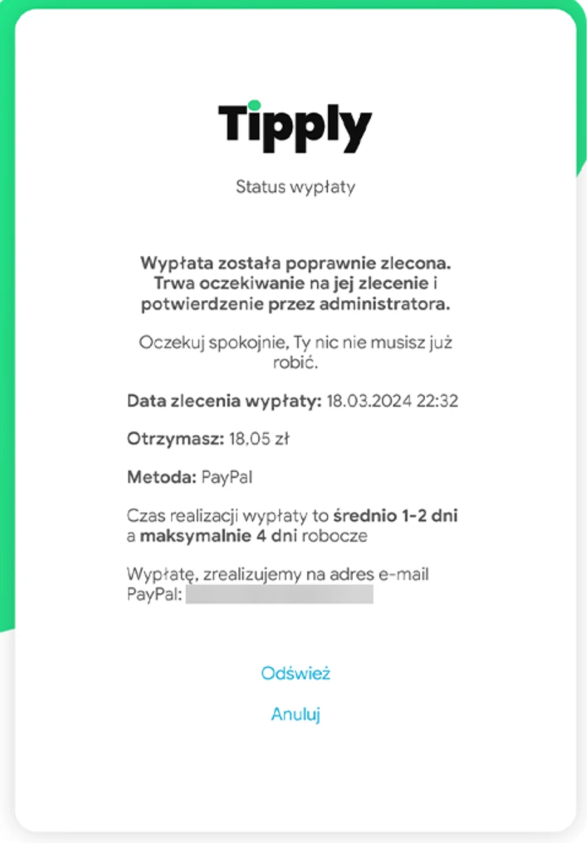 Komunikat widoczny po poprawnym zleceniu wypłaty w serwisie