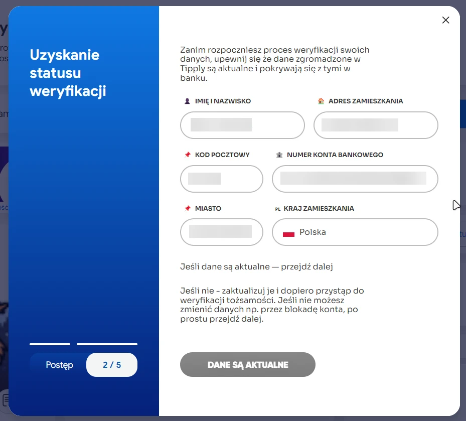 Moduł z informacjami o danych osobowych przypisanych obecnie do Twojego konta. Wyświetlamy go, gdy chcesz wykonać przelew weryfikacyjny w celu uzyskania odznaki weryfikacji.