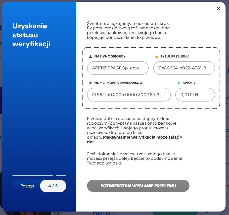 Oto moduł z danymi niezbędnymi do realizacji przelewu weryfikacyjnego. Wyświetlamy go w momencie, gdy chcesz potwierdzić swoją tożsamość i uzyskać odznakę weryfikacji w naszym serwisie.