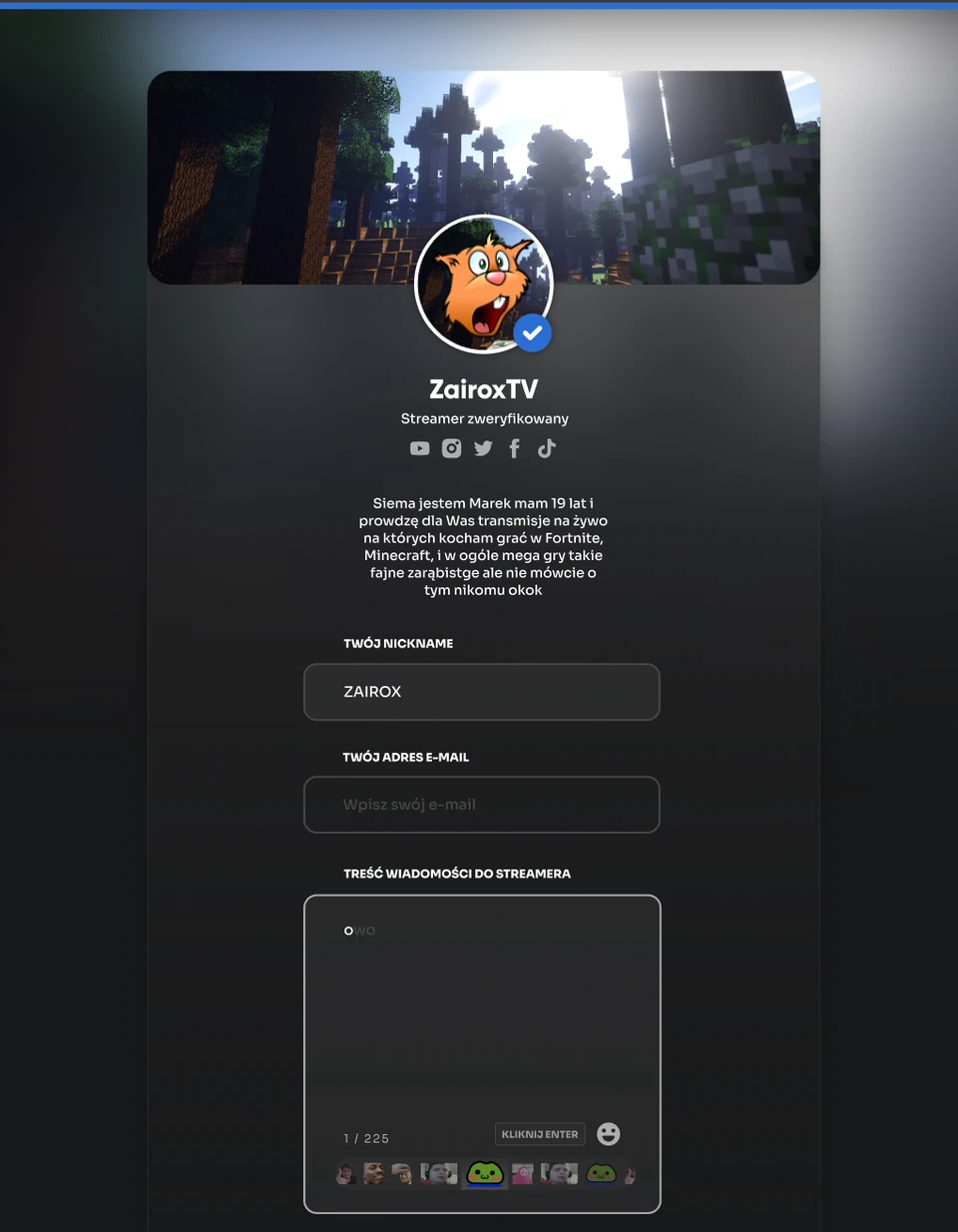 Formularz wpłaty dla streamera ZairoxTV z polami na nick, adres e-mail i treść wiadomości