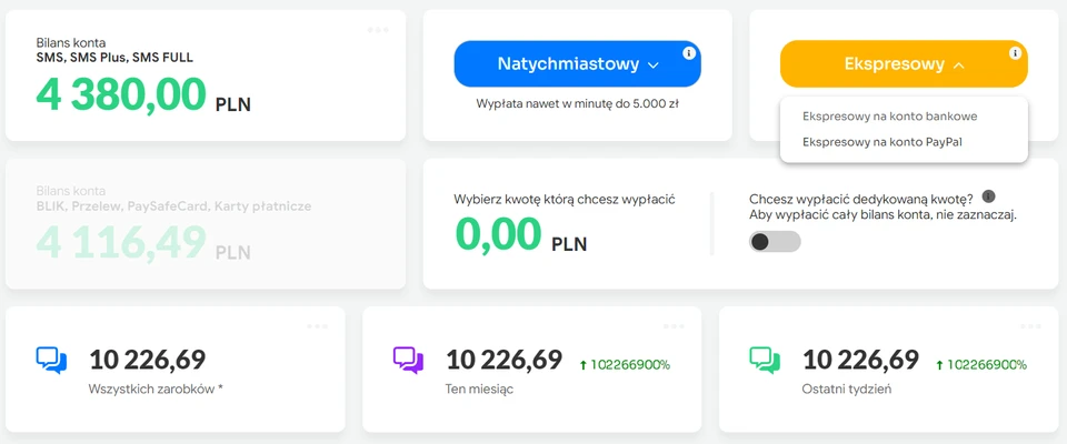 Wygląd panelu użytkownika, zakładka (Wypłaty) z wybranym bilansem i metodą wypłaty