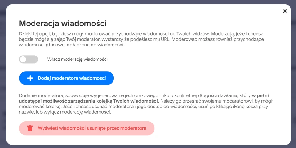 Wygląd zakładki: Moderacja wiadomości