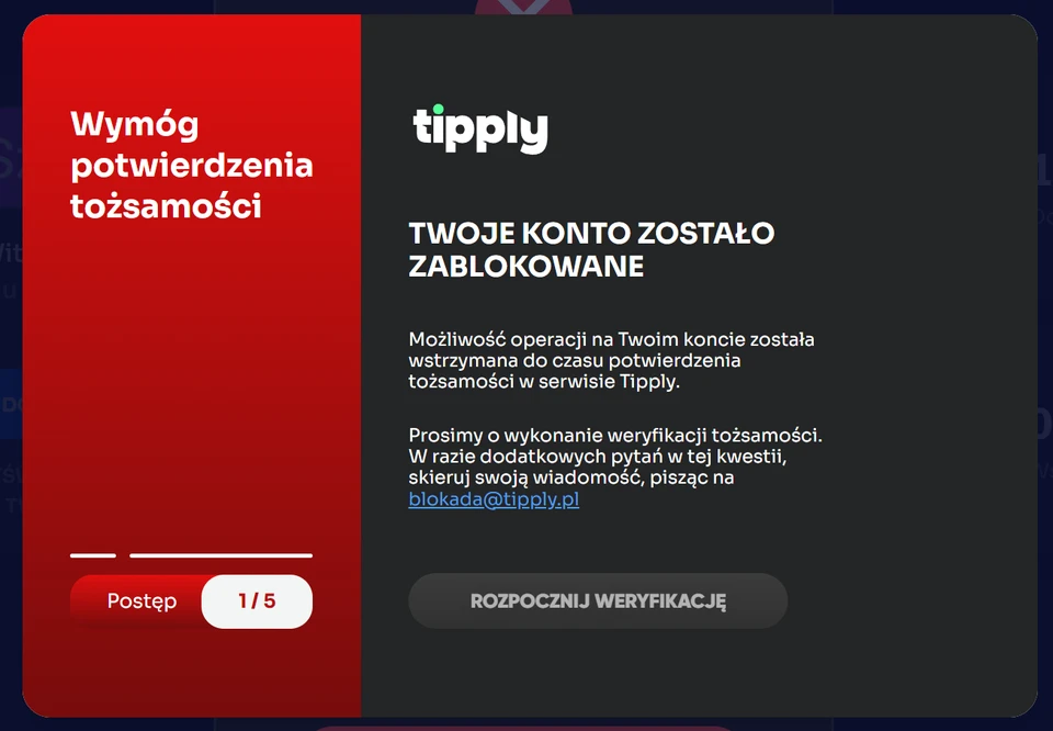 Komunikat widoczny w panelu, w momencie konieczności weryfikacji tożsamości
